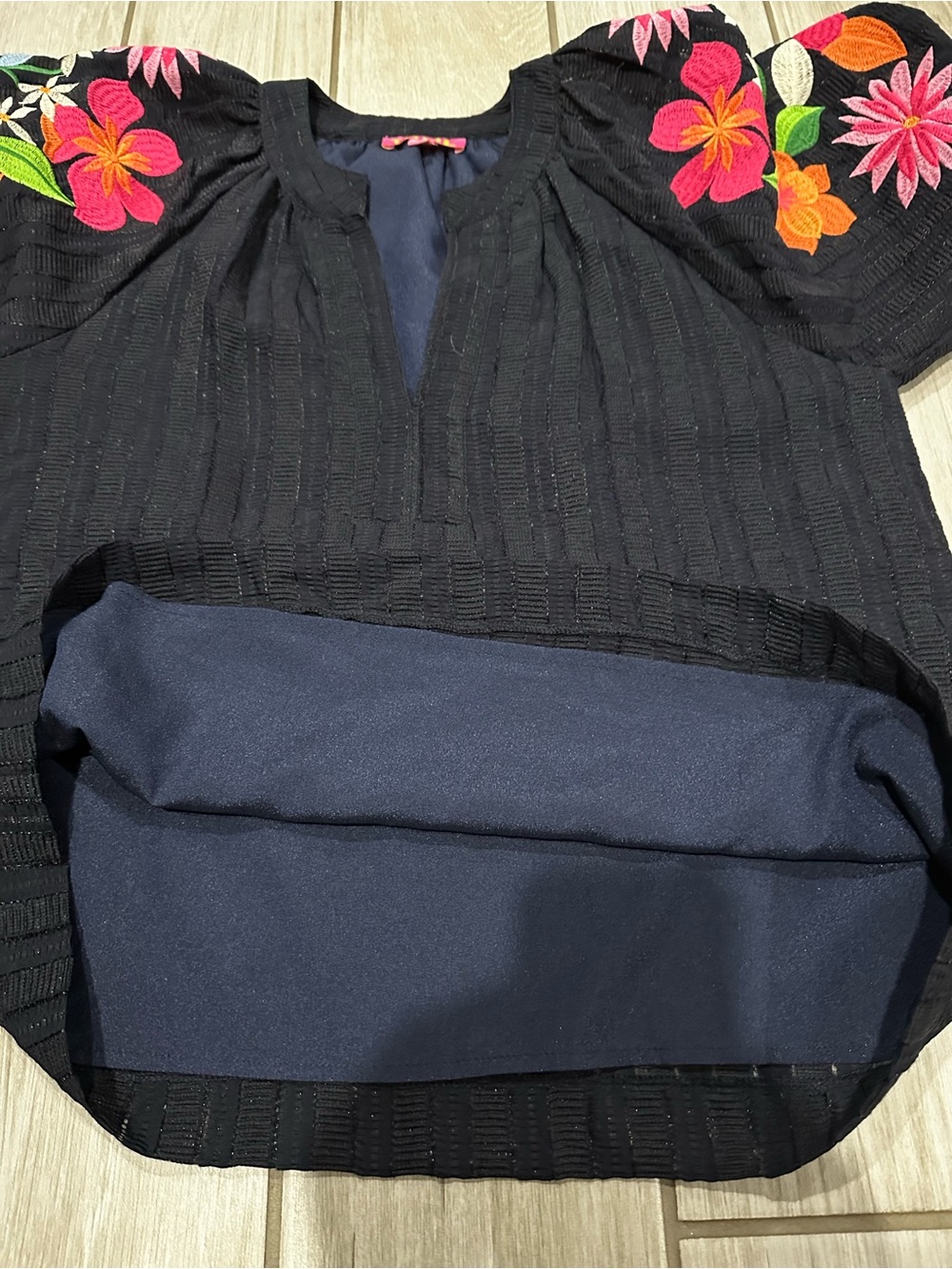 THML Navy Peasant Top with Bright Floral Embroidered Sleeves - Picture 7 of 10